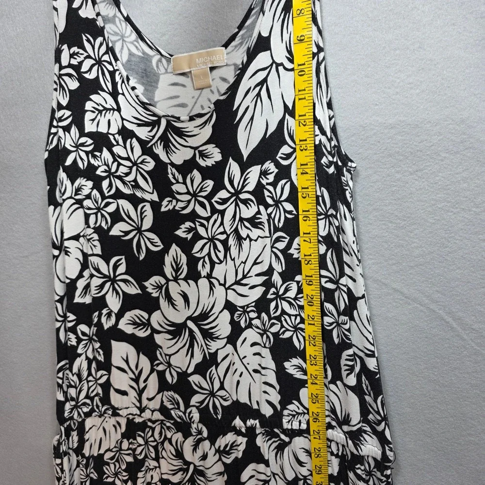 Michael Kors Black White Tropical Floral Sleeveless Maxi Dress Large Blouson Tie